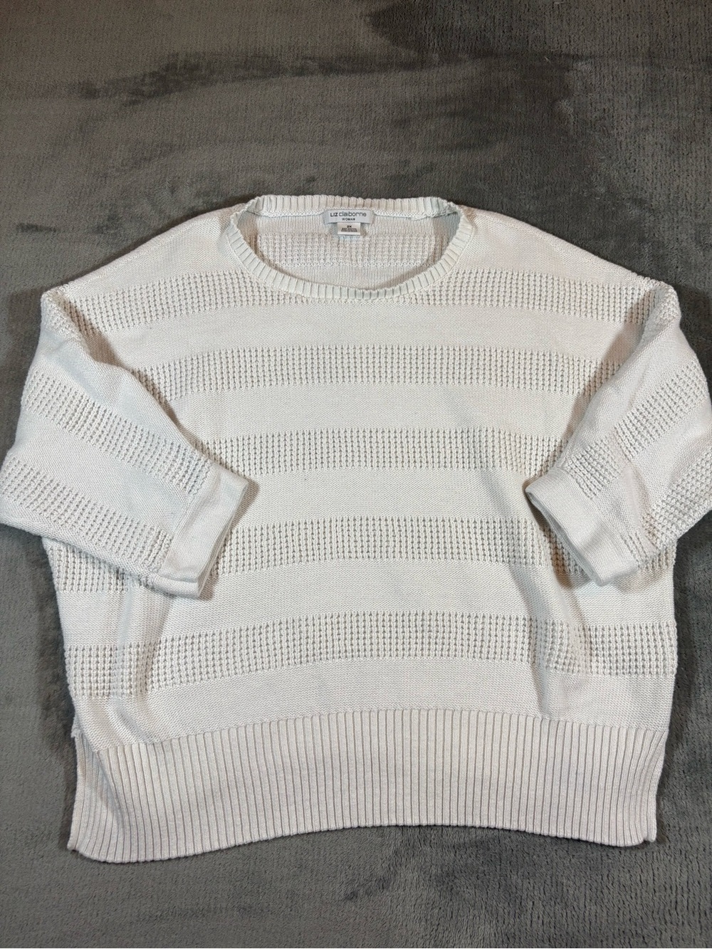 Liz Claiborne Ivory Open-Knit Stripe Crew Sweater 3/4 Sleeve